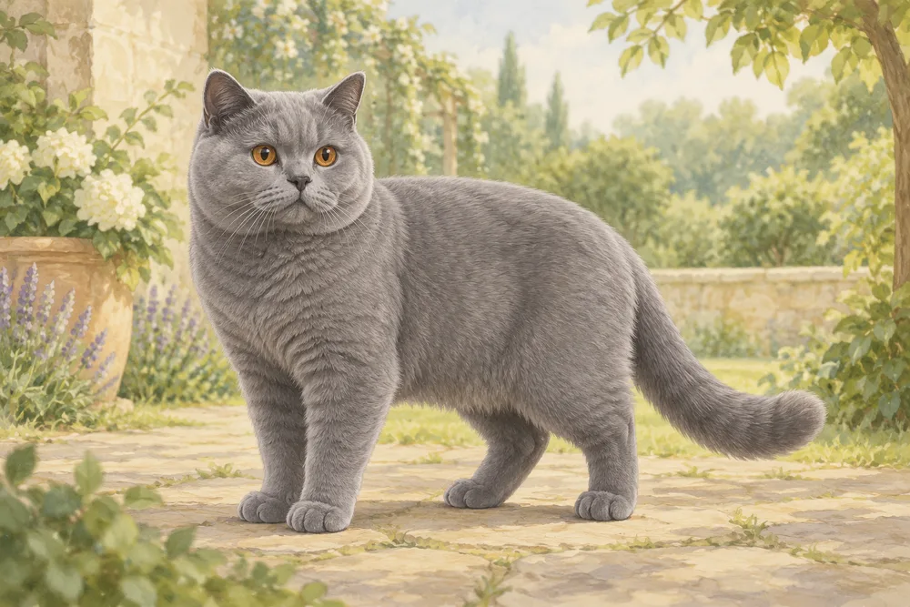 Kot brytyjski krótkowłosy — przykładowy wygląd zwierzęcia, ilustracja wygenerowana przez AI