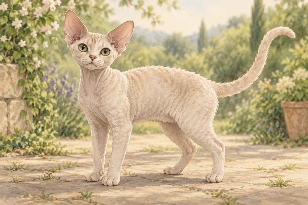 Devon rex — przykładowy wygląd zwierzęcia, ilustracja wygenerowana przez AI