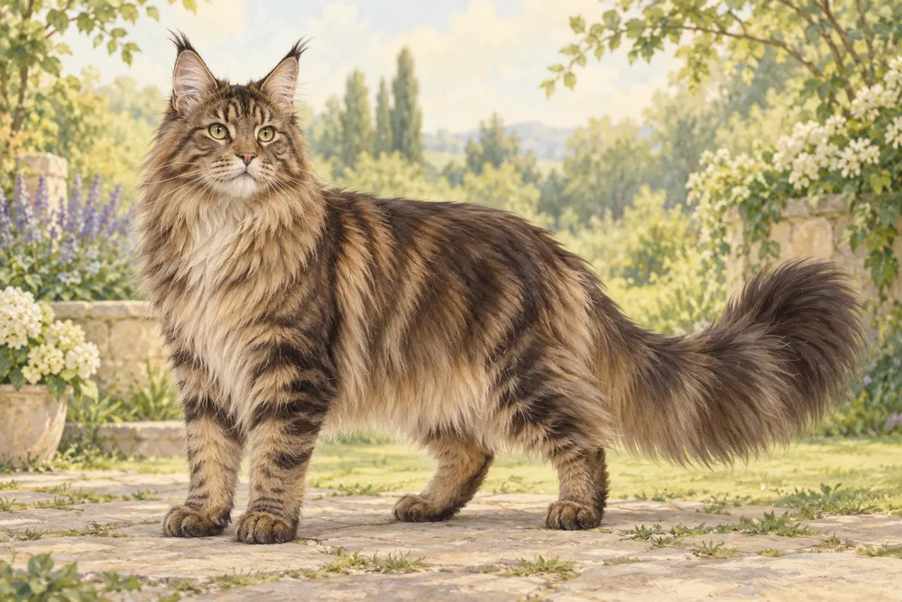 Maine coon — przykładowy wygląd zwierzęcia, ilustracja wygenerowana przez AI