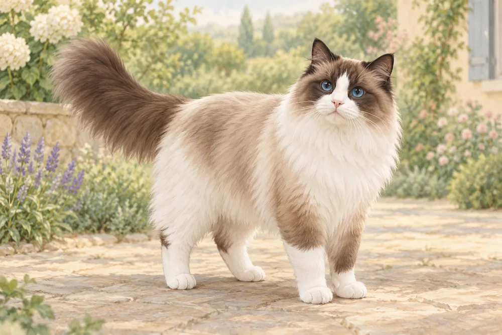 Ragdoll — przykładowy wygląd zwierzęcia, ilustracja wygenerowana przez AI