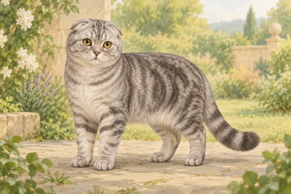 Scottish fold — przykładowy wygląd zwierzęcia, ilustracja wygenerowana przez AI
