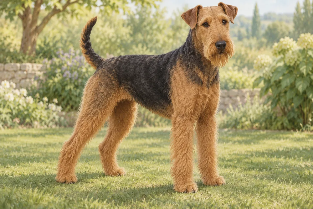 Airedale terrier — przykładowy wygląd zwierzęcia, ilustracja wygenerowana przez AI