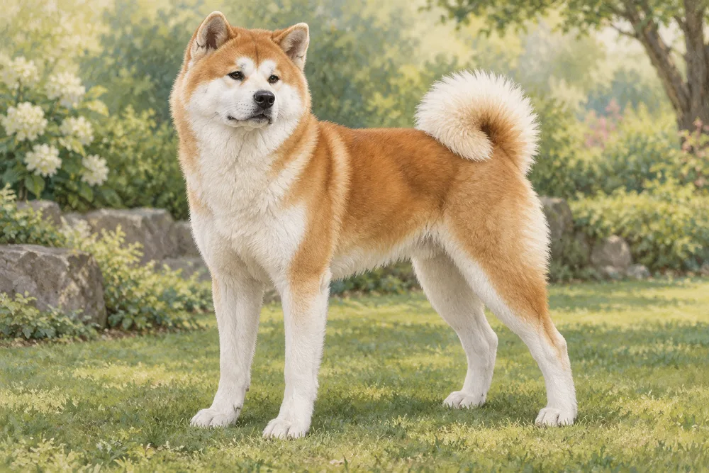 Akita inu — przykładowy wygląd zwierzęcia, ilustracja wygenerowana przez AI