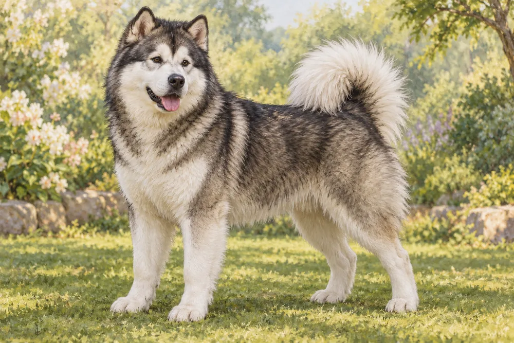 Alaskan malamute — przykładowy wygląd zwierzęcia, ilustracja wygenerowana przez AI
