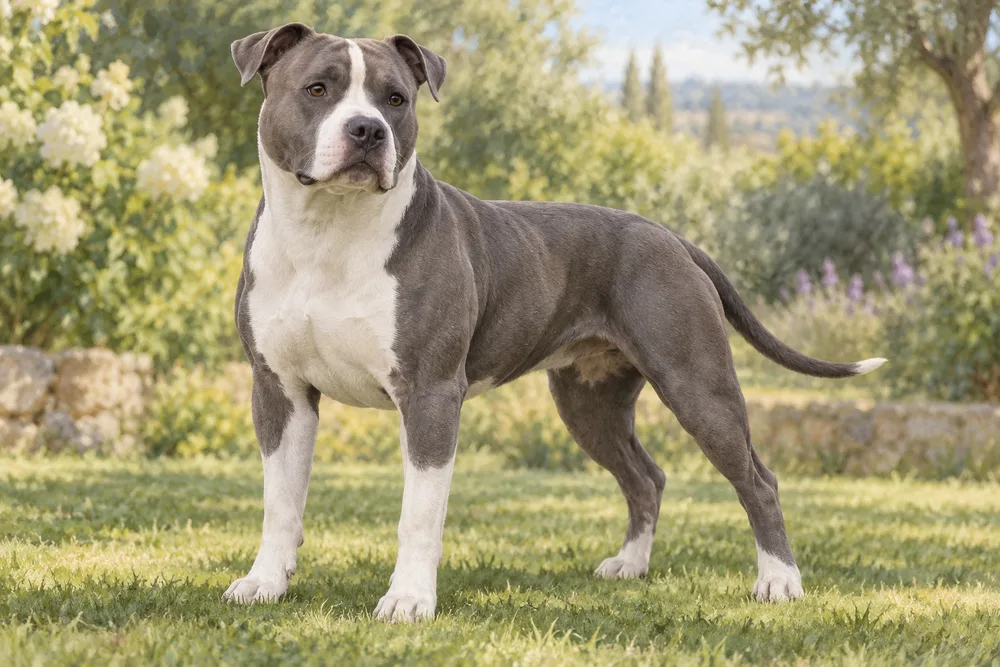 Amstaff — przykładowy wygląd zwierzęcia, ilustracja wygenerowana przez AI