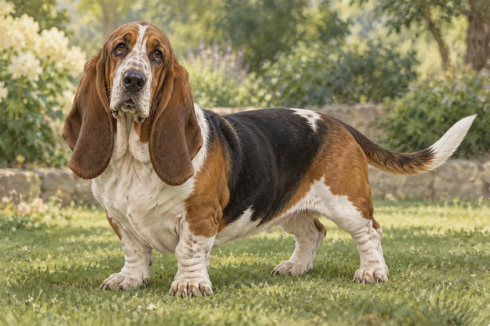 Basset hound — przykładowy wygląd zwierzęcia, ilustracja wygenerowana przez AI