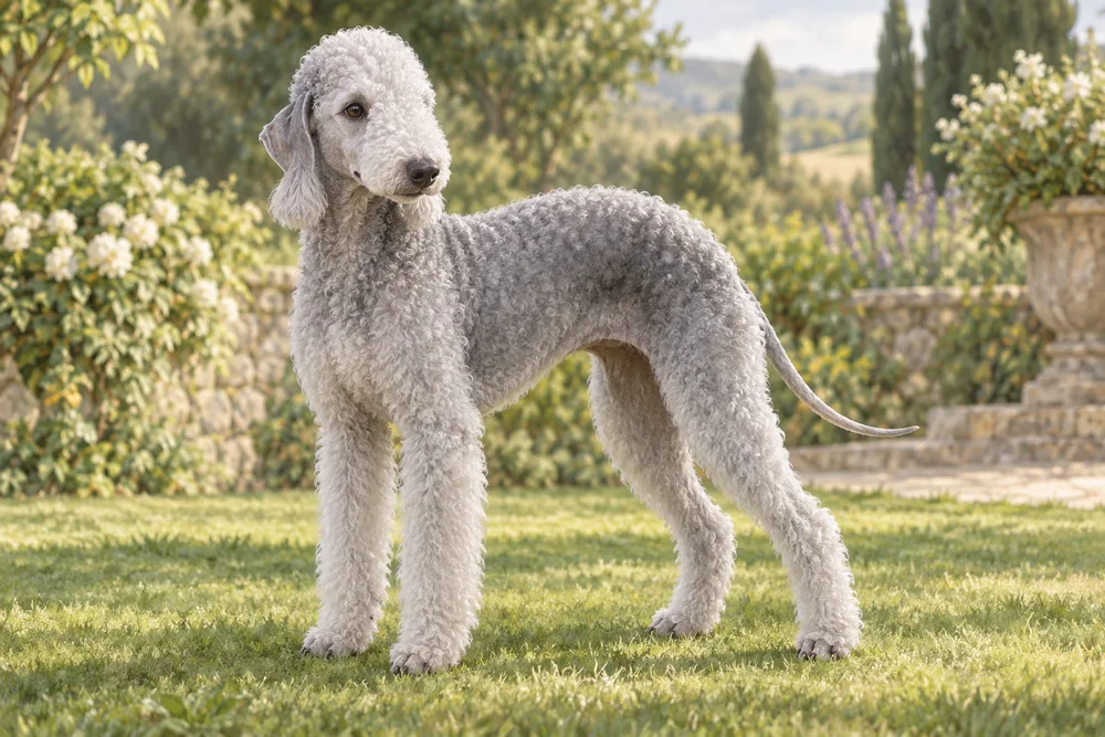 Bedlington terrier — przykładowy wygląd zwierzęcia, ilustracja wygenerowana przez AI