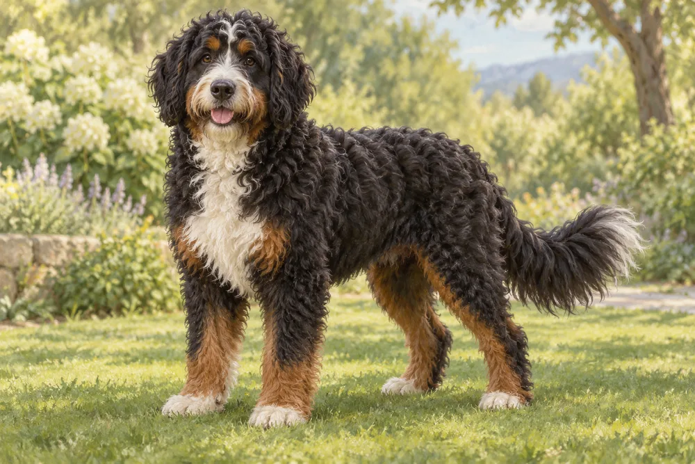 Bernedoodle — przykładowy wygląd zwierzęcia, ilustracja wygenerowana przez AI