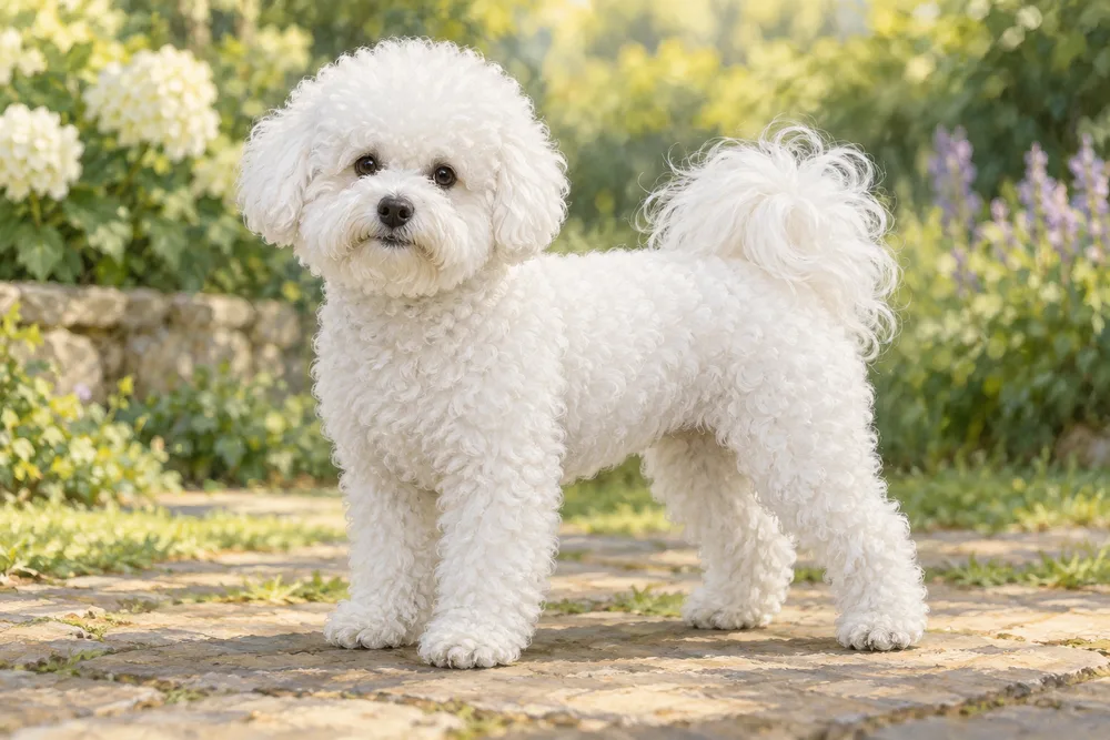 Bichon frise — przykładowy wygląd zwierzęcia, ilustracja wygenerowana przez AI