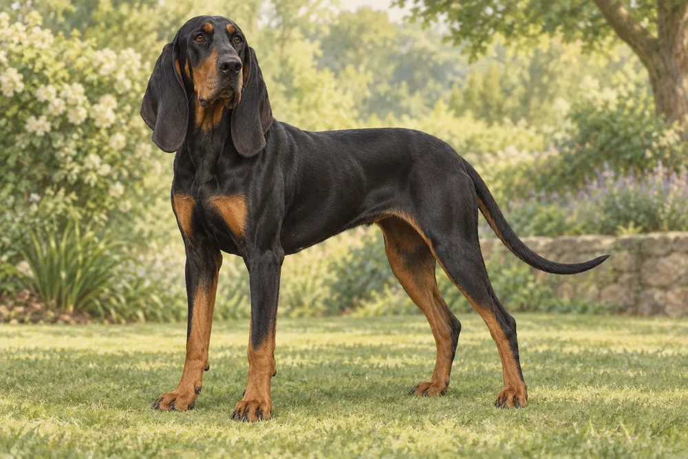 Black and tan coonhound — przykładowy wygląd zwierzęcia, ilustracja wygenerowana przez AI