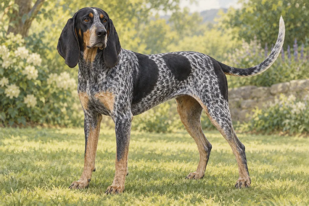 Bluetick coonhound — przykładowy wygląd zwierzęcia, ilustracja wygenerowana przez AI