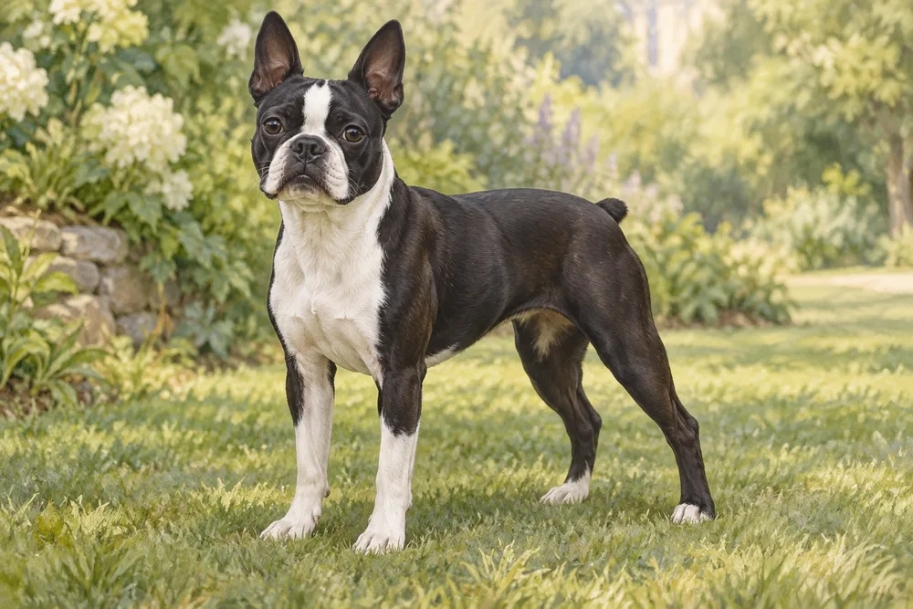 Boston terrier — przykładowy wygląd zwierzęcia, ilustracja wygenerowana przez AI