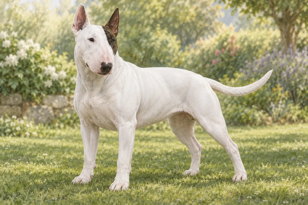 Bull terrier — przykładowy wygląd zwierzęcia, ilustracja wygenerowana przez AI