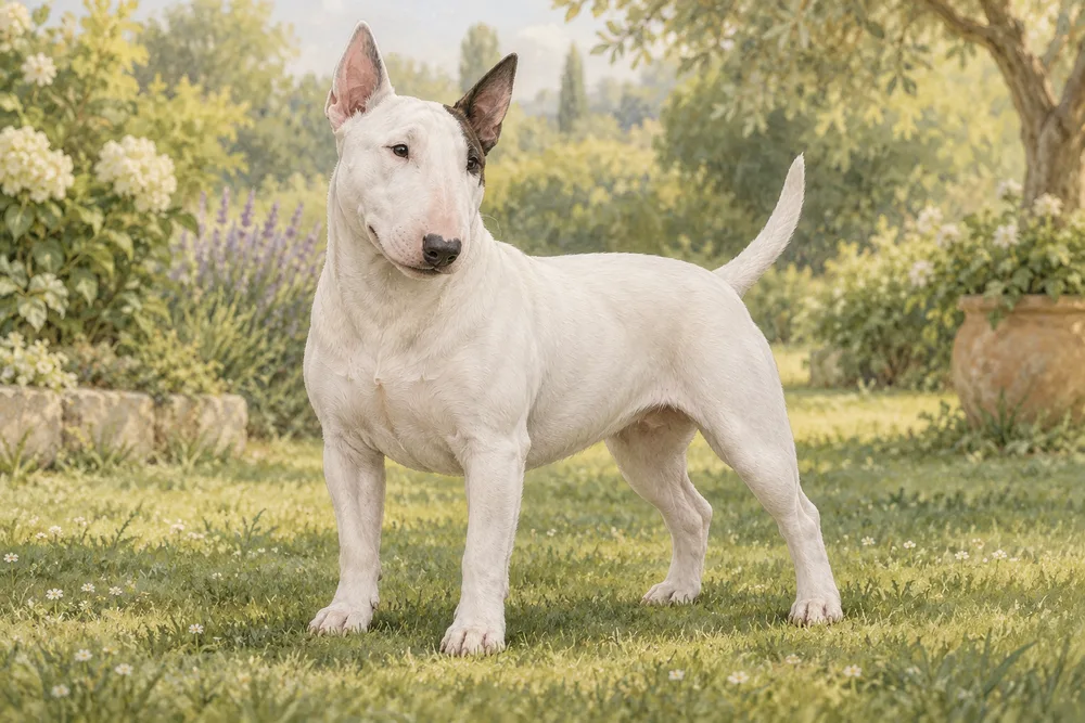 Bull terrier miniaturowy — przykładowy wygląd zwierzęcia, ilustracja wygenerowana przez AI