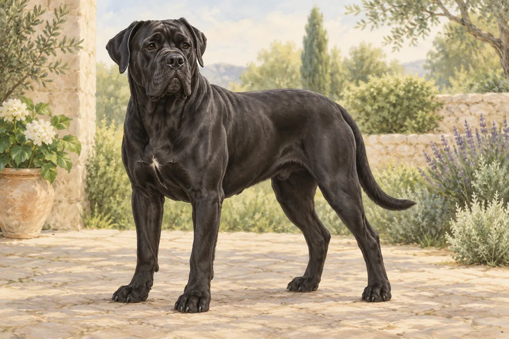 Cane corso — przykładowy wygląd zwierzęcia, ilustracja wygenerowana przez AI