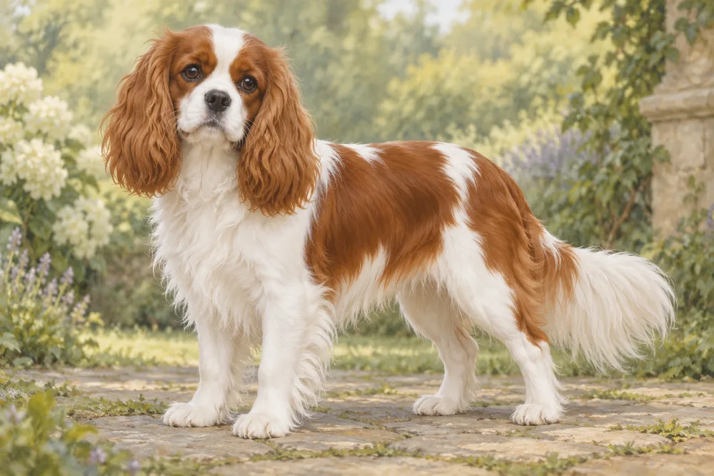Cavalier king charles spaniel — przykładowy wygląd zwierzęcia, ilustracja wygenerowana przez AI