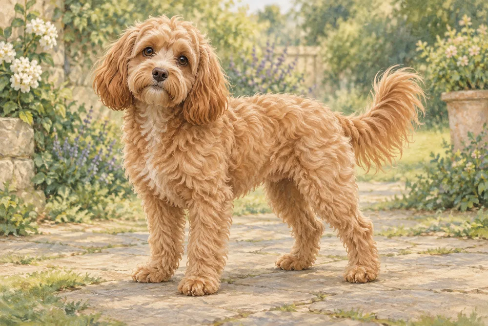 Cavapoo — przykładowy wygląd zwierzęcia, ilustracja wygenerowana przez AI
