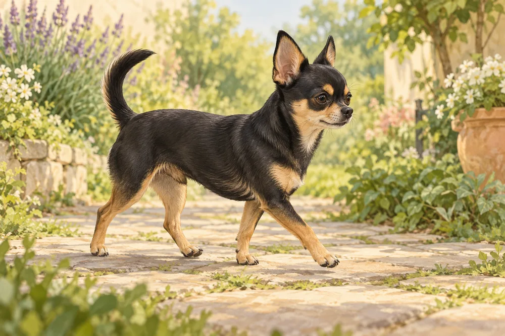 Chihuahua spacerujący po ogrodowej ścieżce — ilustracja wygenerowana przez AI