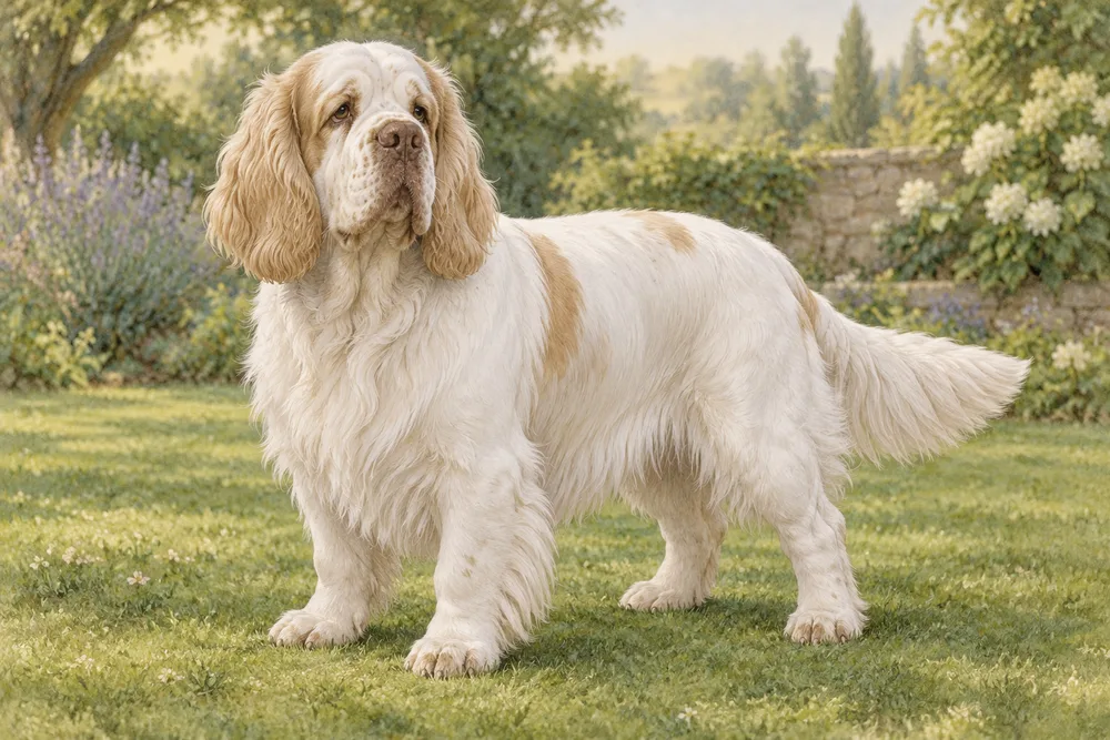 Clumber spaniel — przykładowy wygląd zwierzęcia, ilustracja wygenerowana przez AI