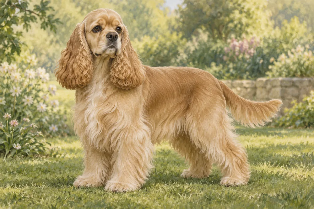 Cocker spaniel — przykładowy wygląd zwierzęcia, ilustracja wygenerowana przez AI