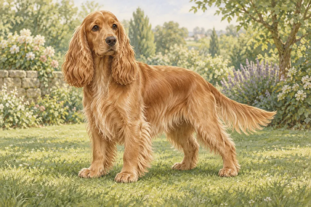 Cocker spaniel angielski — przykładowy wygląd zwierzęcia, ilustracja wygenerowana przez AI
