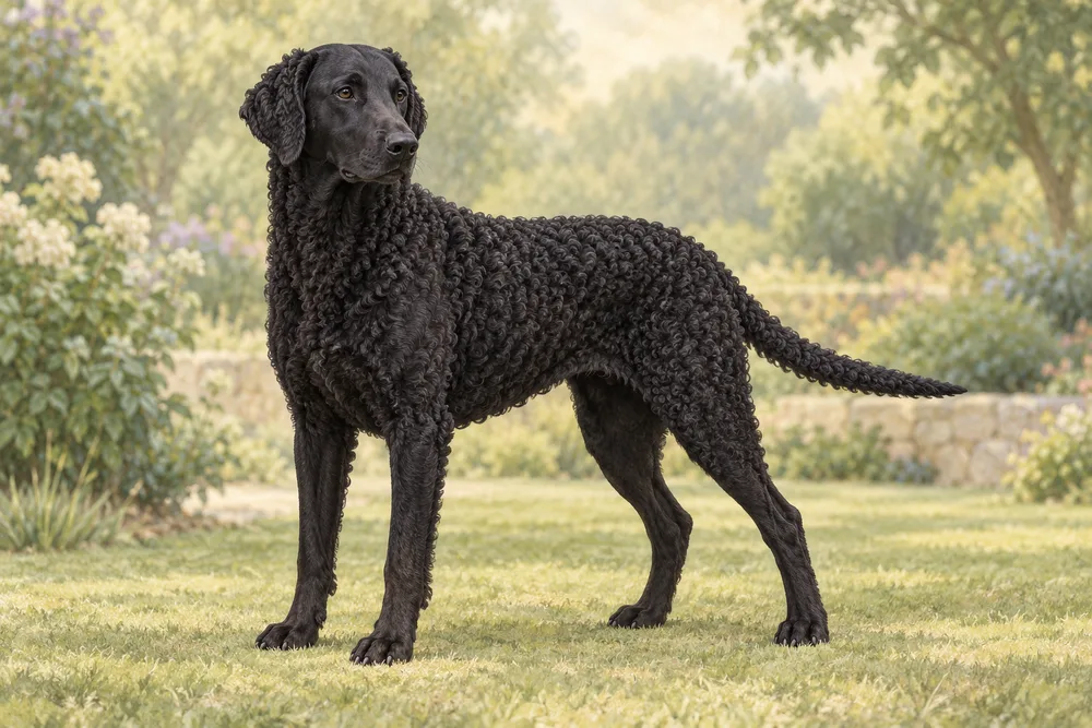 Curly coated retriever — przykładowy wygląd zwierzęcia, ilustracja wygenerowana przez AI