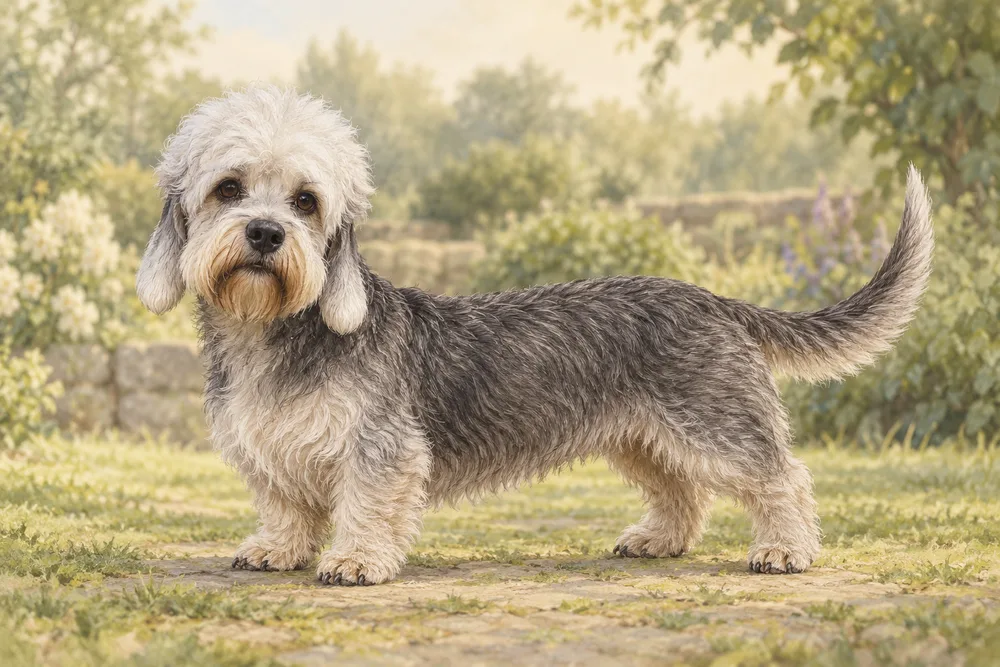 Dandie dinmont terrier — przykładowy wygląd zwierzęcia, ilustracja wygenerowana przez AI