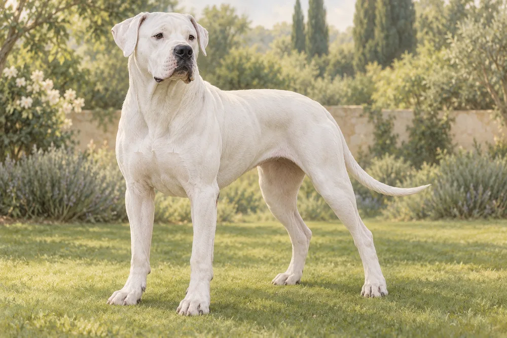 Dog argentyński — przykładowy wygląd zwierzęcia, ilustracja wygenerowana przez AI