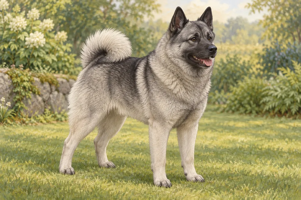 Elkhund szary — przykładowy wygląd zwierzęcia, ilustracja wygenerowana przez AI