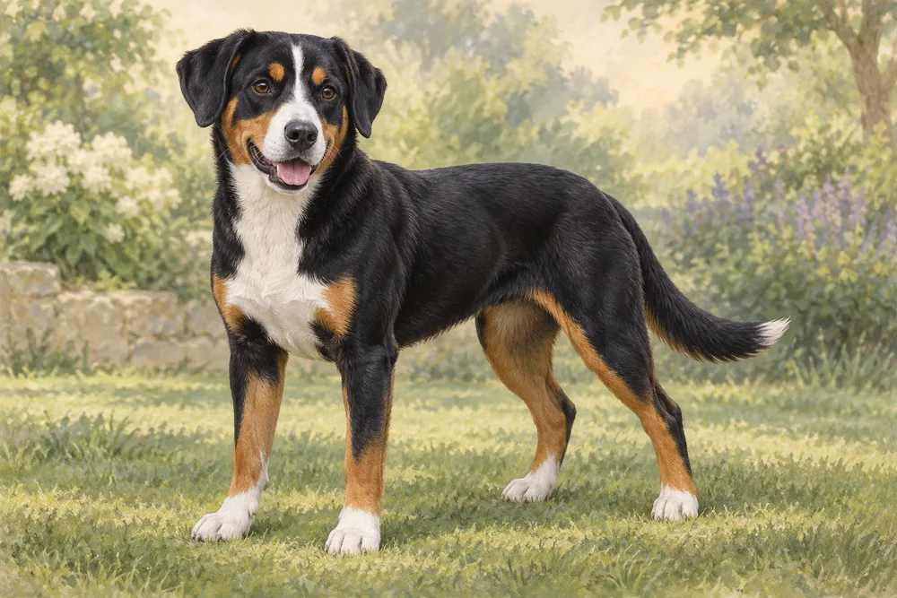 Entlebucher — przykładowy wygląd zwierzęcia, ilustracja wygenerowana przez AI
