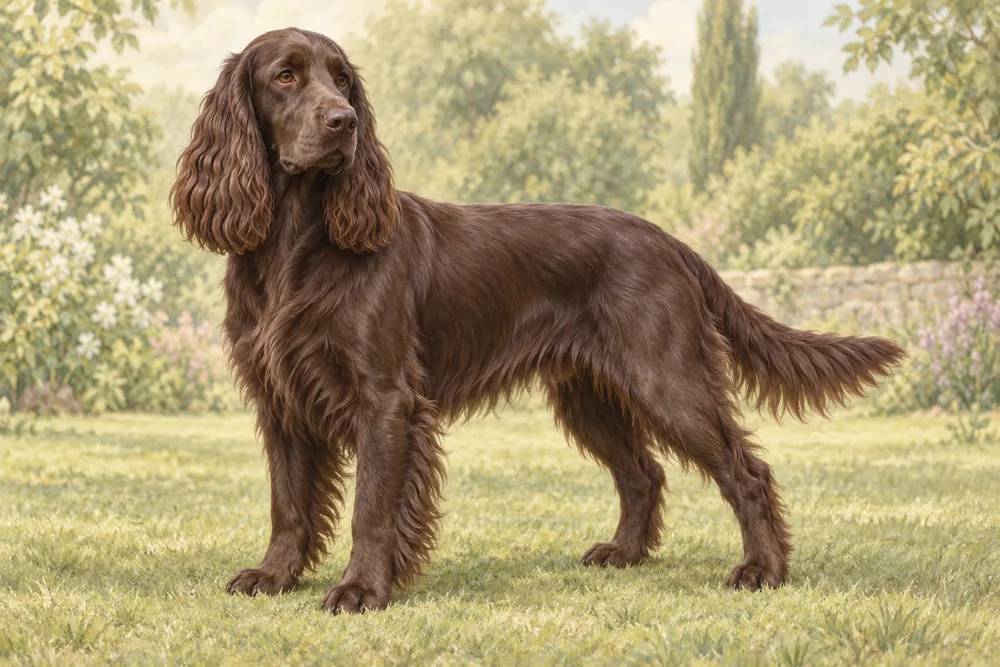 Field spaniel — przykładowy wygląd zwierzęcia, ilustracja wygenerowana przez AI
