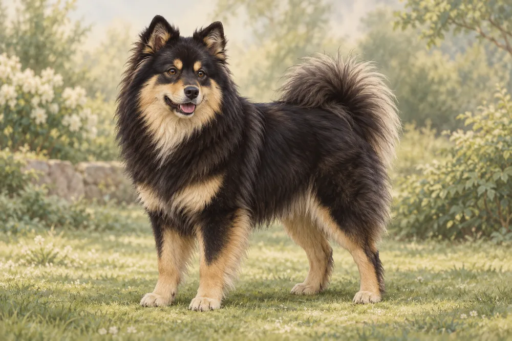 Fiński lapphund — przykładowy wygląd zwierzęcia, ilustracja wygenerowana przez AI