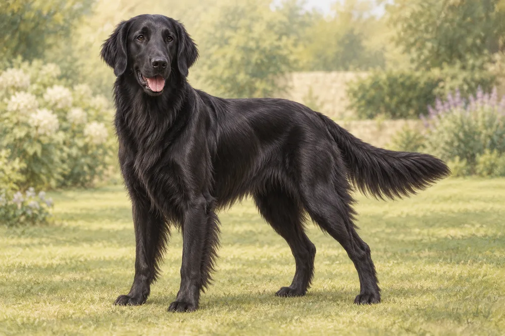 Flat coated retriever — przykładowy wygląd zwierzęcia, ilustracja wygenerowana przez AI