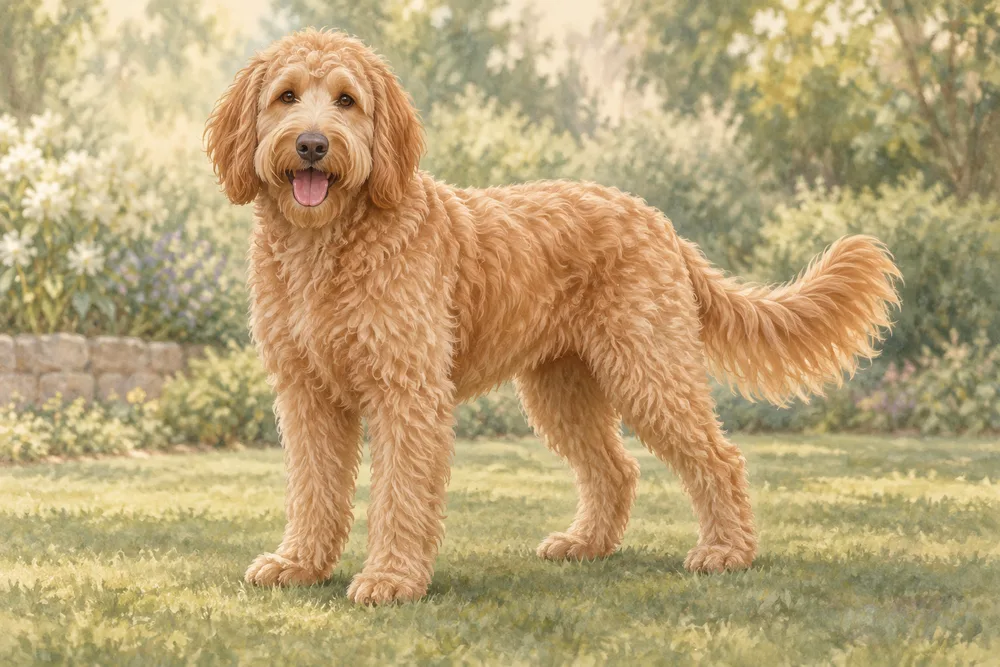 Goldendoodle — przykładowy wygląd zwierzęcia, ilustracja wygenerowana przez AI