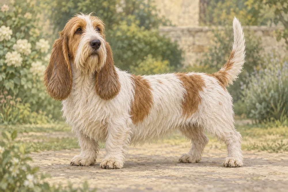Grand basset griffon vendéen — przykładowy wygląd zwierzęcia, ilustracja wygenerowana przez AI
