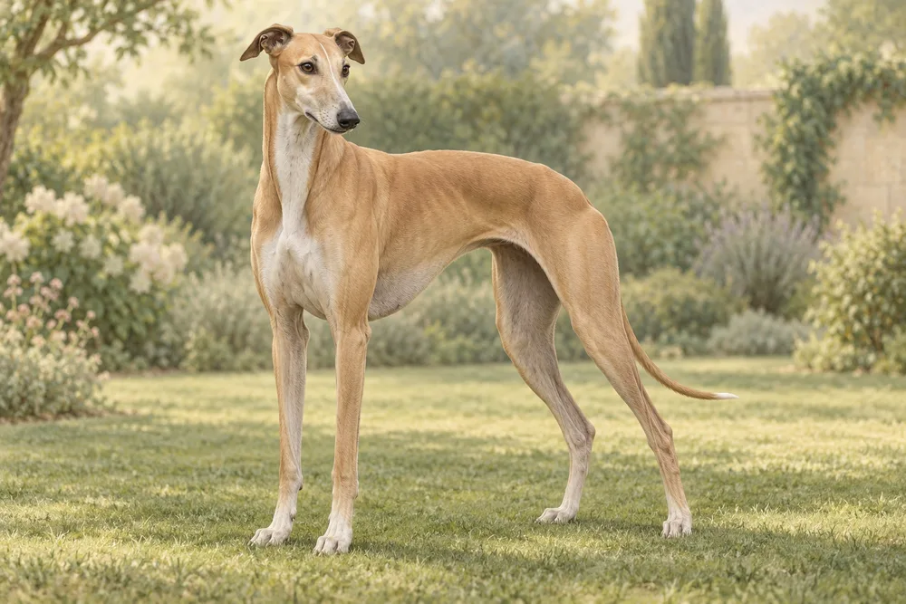 Greyhound — przykładowy wygląd zwierzęcia, ilustracja wygenerowana przez AI