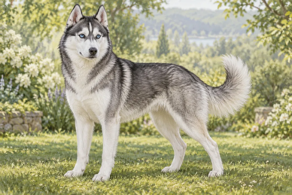 Husky syberyjski — przykładowy wygląd zwierzęcia, ilustracja wygenerowana przez AI