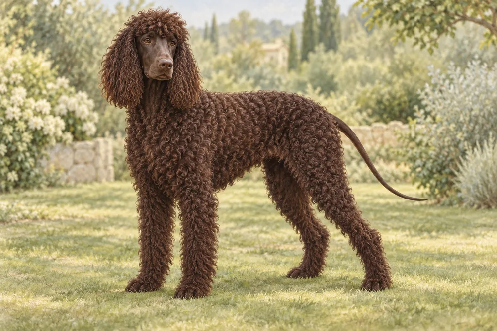Irlandzki spaniel wodny — przykładowy wygląd zwierzęcia, ilustracja wygenerowana przez AI