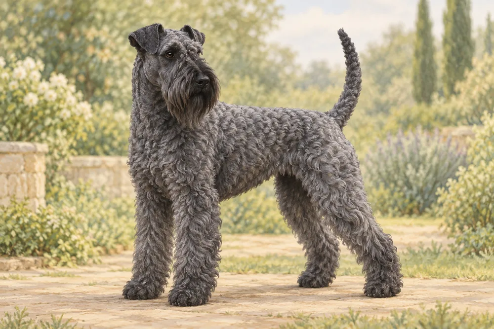 Kerry blue terrier — przykładowy wygląd zwierzęcia, ilustracja wygenerowana przez AI