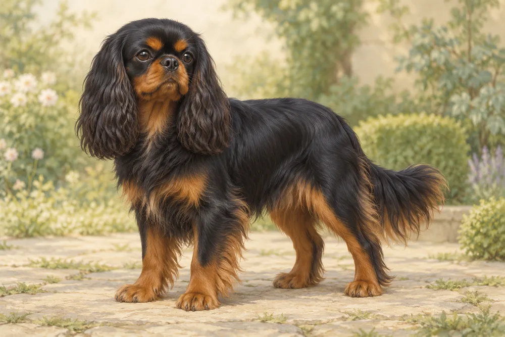 King charles spaniel — przykładowy wygląd zwierzęcia, ilustracja wygenerowana przez AI