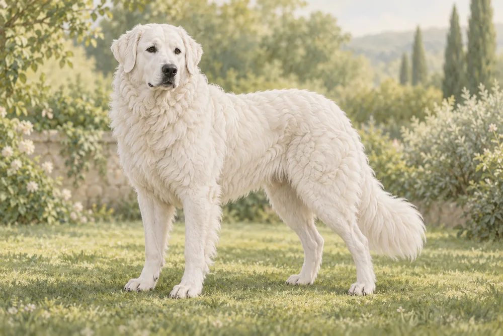 Kuvasz — przykładowy wygląd zwierzęcia, ilustracja wygenerowana przez AI