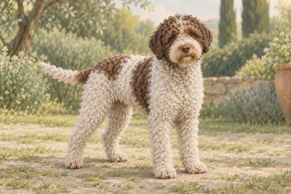 Lagotto romagnolo — przykładowy wygląd zwierzęcia, ilustracja wygenerowana przez AI