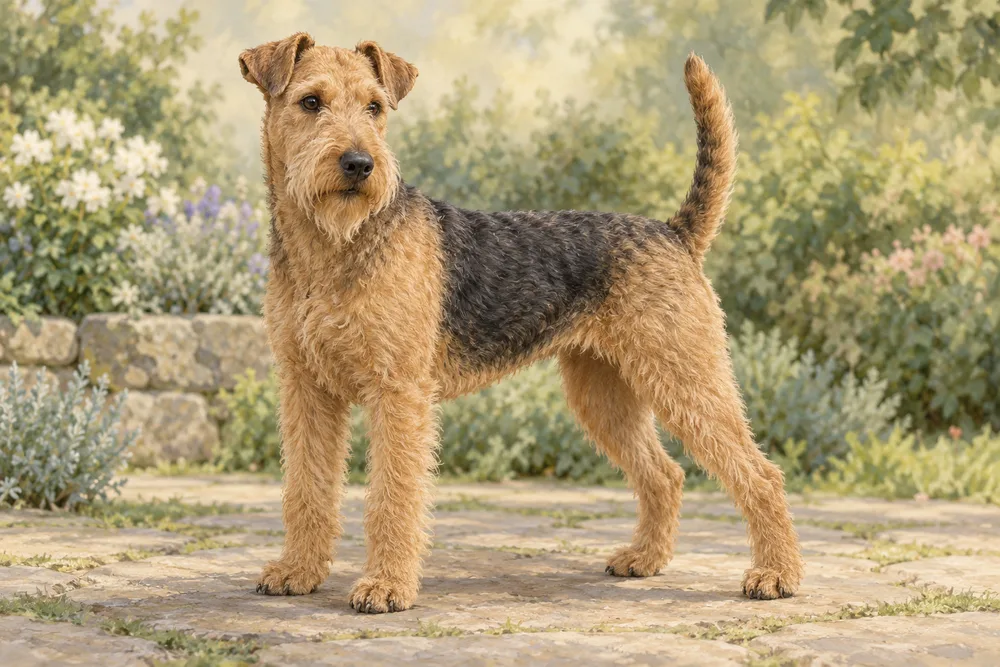 Lakeland terrier — przykładowy wygląd zwierzęcia, ilustracja wygenerowana przez AI