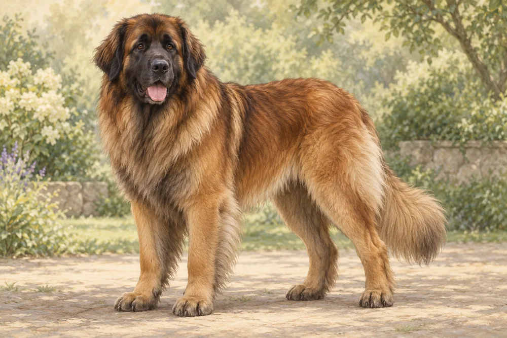 Leonberger — przykładowy wygląd zwierzęcia, ilustracja wygenerowana przez AI