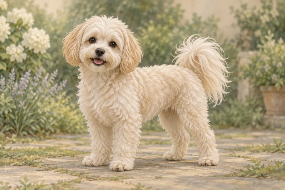 Maltipoo — przykładowy wygląd zwierzęcia, ilustracja wygenerowana przez AI