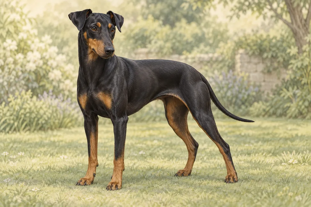 Manchester terrier — przykładowy wygląd zwierzęcia, ilustracja wygenerowana przez AI