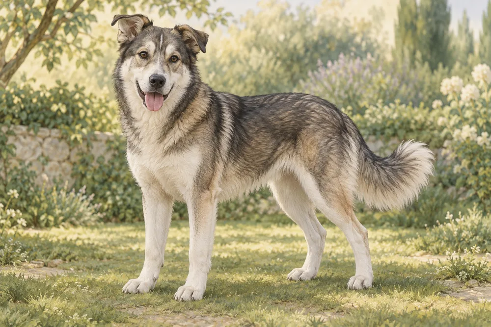 Mieszaniec husky — przykładowy wygląd zwierzęcia, ilustracja wygenerowana przez AI