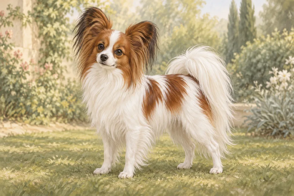 Papillon — przykładowy wygląd zwierzęcia, ilustracja wygenerowana przez AI