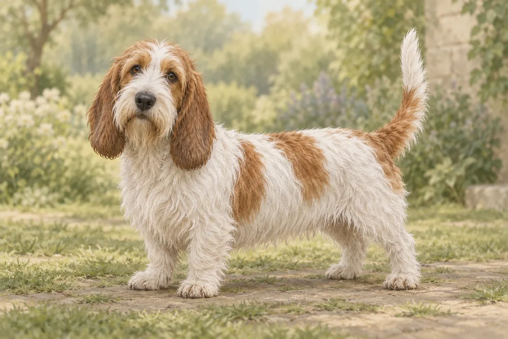 Petit basset griffon vendéen — przykładowy wygląd zwierzęcia, ilustracja wygenerowana przez AI