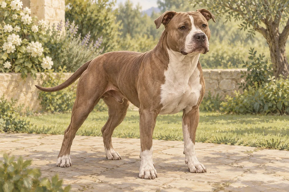 Pit bull terrier — przykładowy wygląd zwierzęcia, ilustracja wygenerowana przez AI